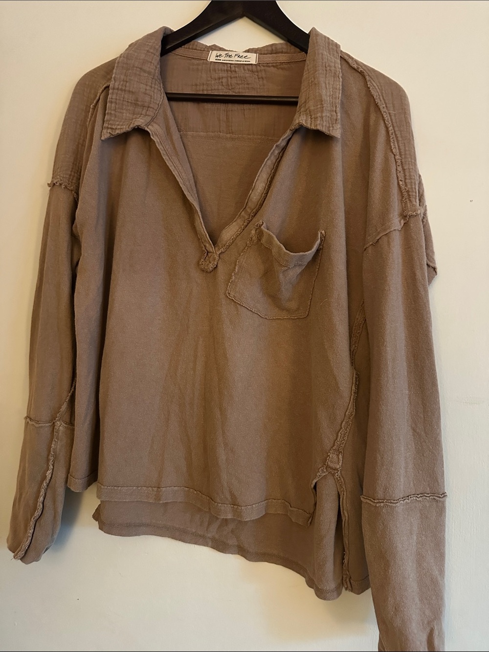 We The Free Taupe V-Neck Collared Pullover